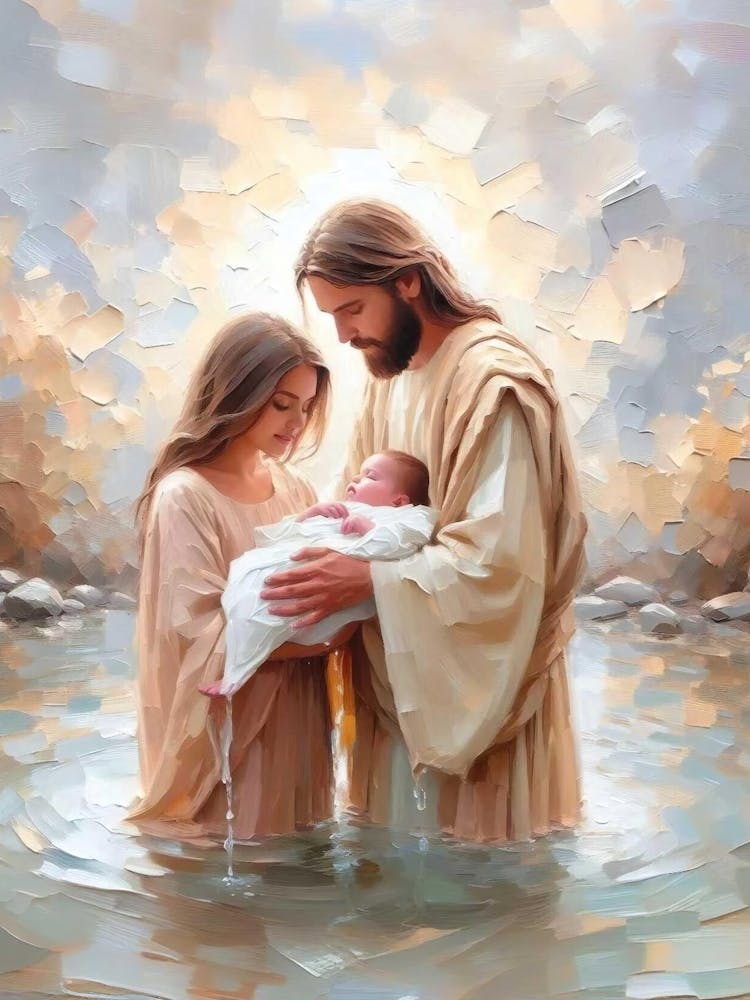 A New Believer, Christian Art, Jesus With Woman And Baby, Jesus Painting, Lds Painting, Bible Wall Art, Jesus Baptism Art, Jesus With Baby