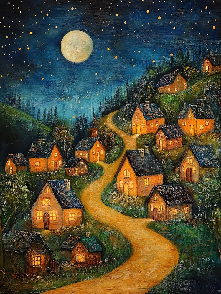 Village At Night With Stars and Moon In The Sky 9