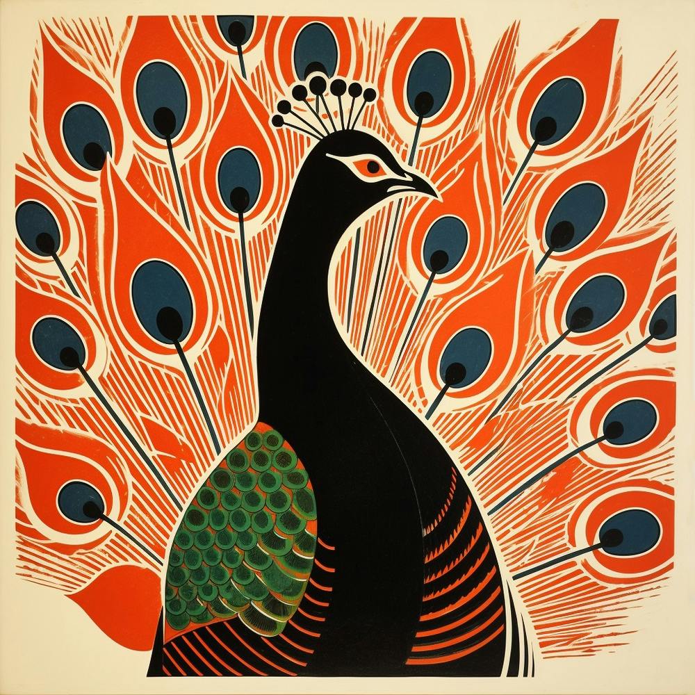 Retro Bird Lithograph Peacock 4