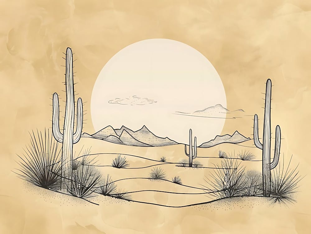 Desert Landscape Illustration With Cacti Sun And Mountains