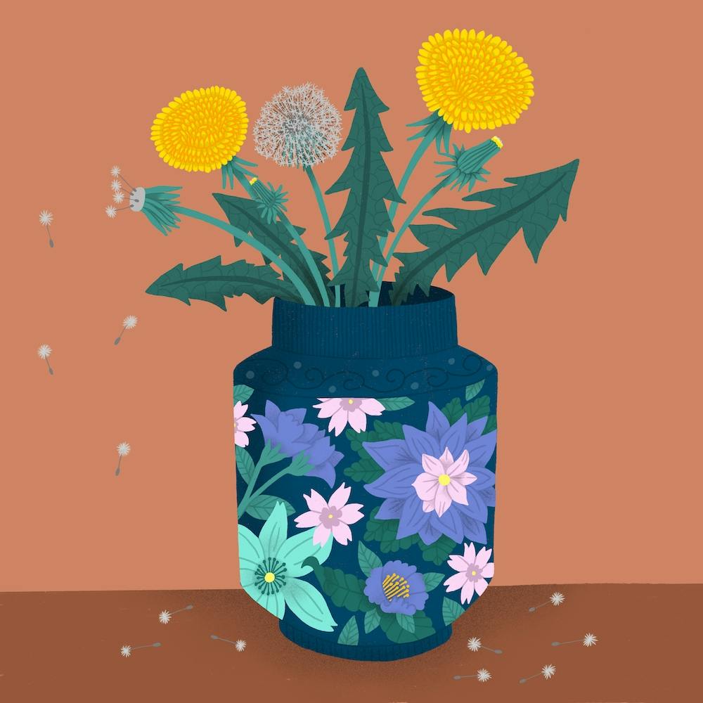 Dandelion Flowers In A Decorated Vase