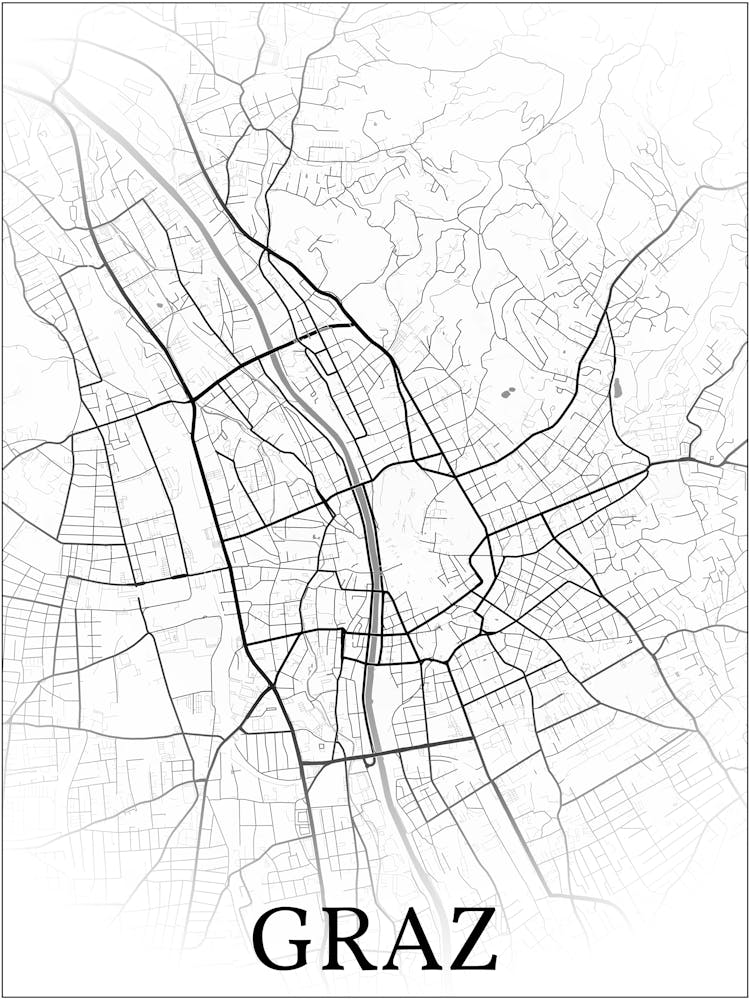 Graz, Styria, Austria, City Map, Black And White Fade Design