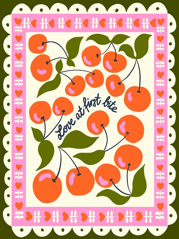 Love at First Bite Bright Red Cherries Vintage Inspired Illustration