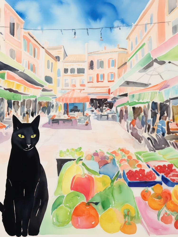 Food Market With Cats In Saint Tropez 1 Watercolour