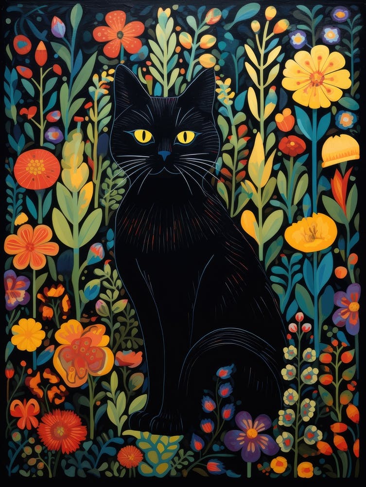 A Black Cat Is Sitting In An Abstract Garden