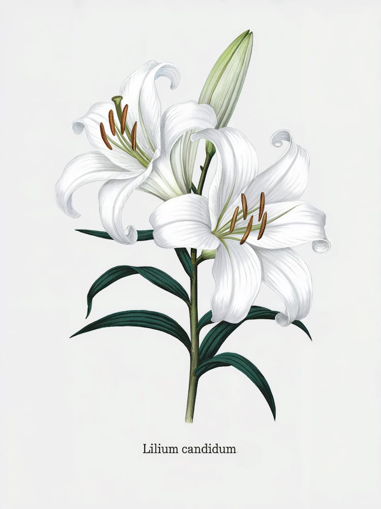 Lilium Candidum Botanical Illustration - White Lily
A refined botanical illustration of the Lilium Candidum, or white lily, showcasing its pristine white petals and elegant form. This artwork adds a sense of purity and grace to any decor.
Ideal for a bedr