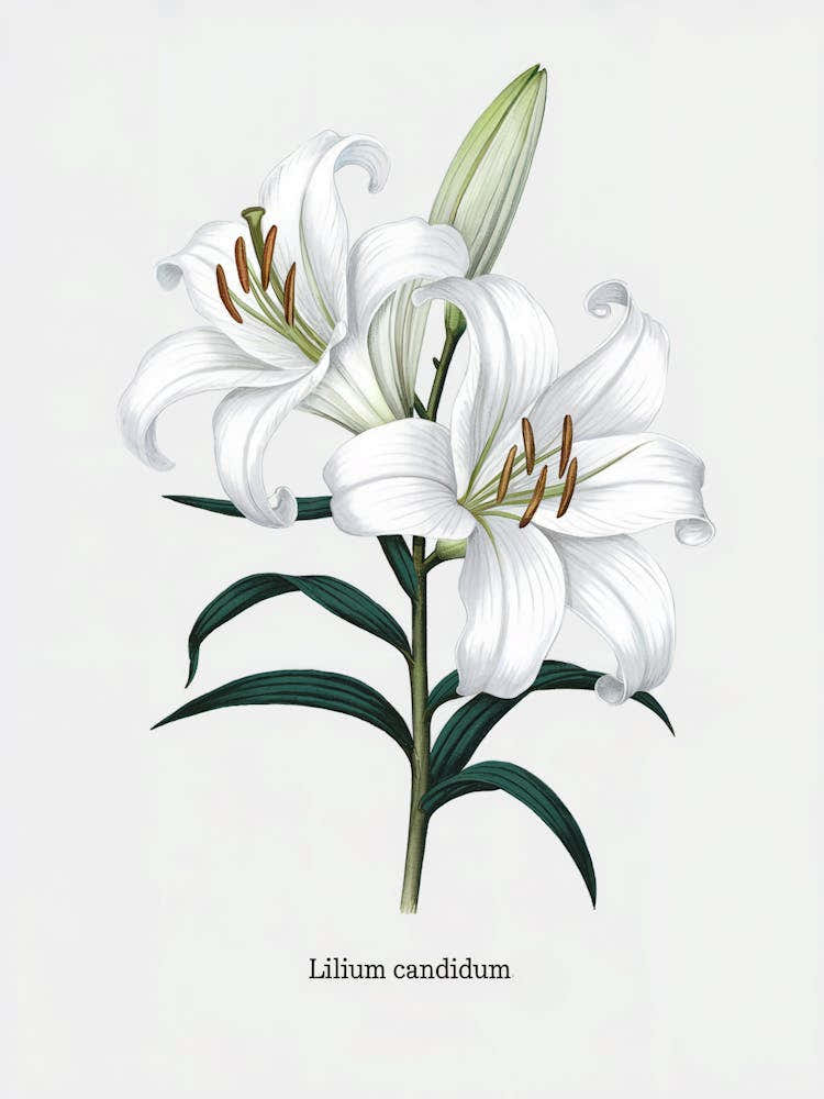 Lilium Candidum Botanical Illustration - White Lily
A refined botanical illustration of the Lilium Candidum, or white lily, showcasing its pristine white petals and elegant form. This artwork adds a sense of purity and grace to any decor.
Ideal for a bedr