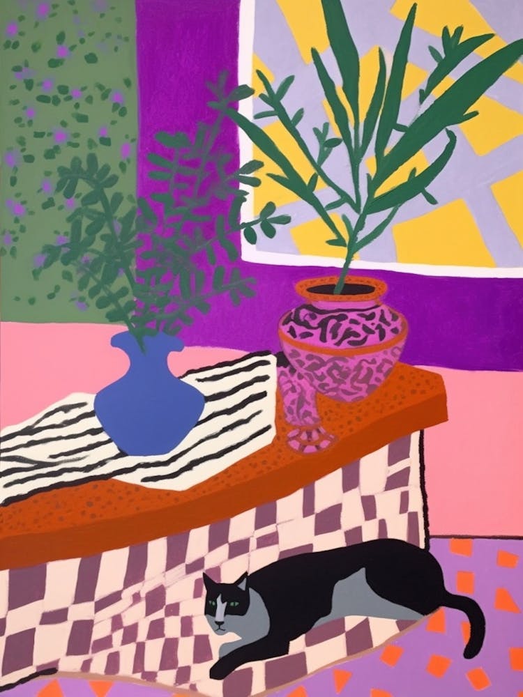 A Painting Of A Still Life Of A Heather With A Cat In The Style Of Matisse 2