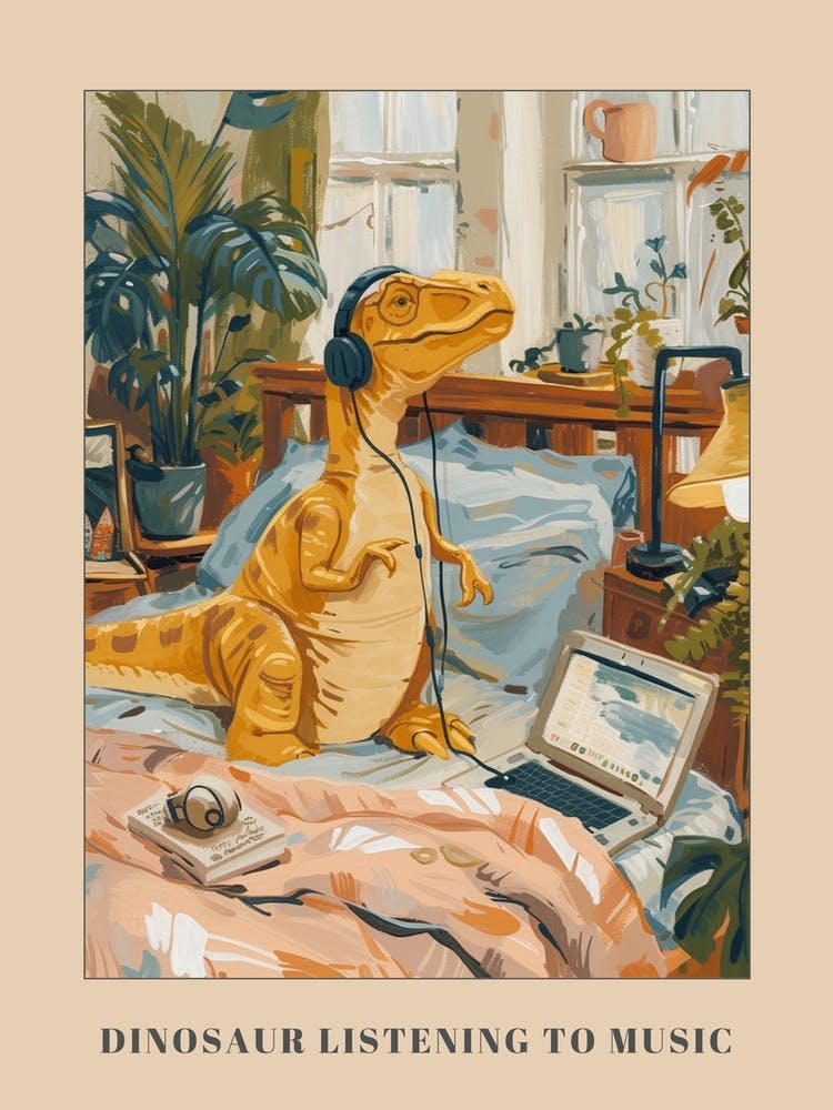 Dinosaur Listening To Music With Headphones In Bed 1 Poster