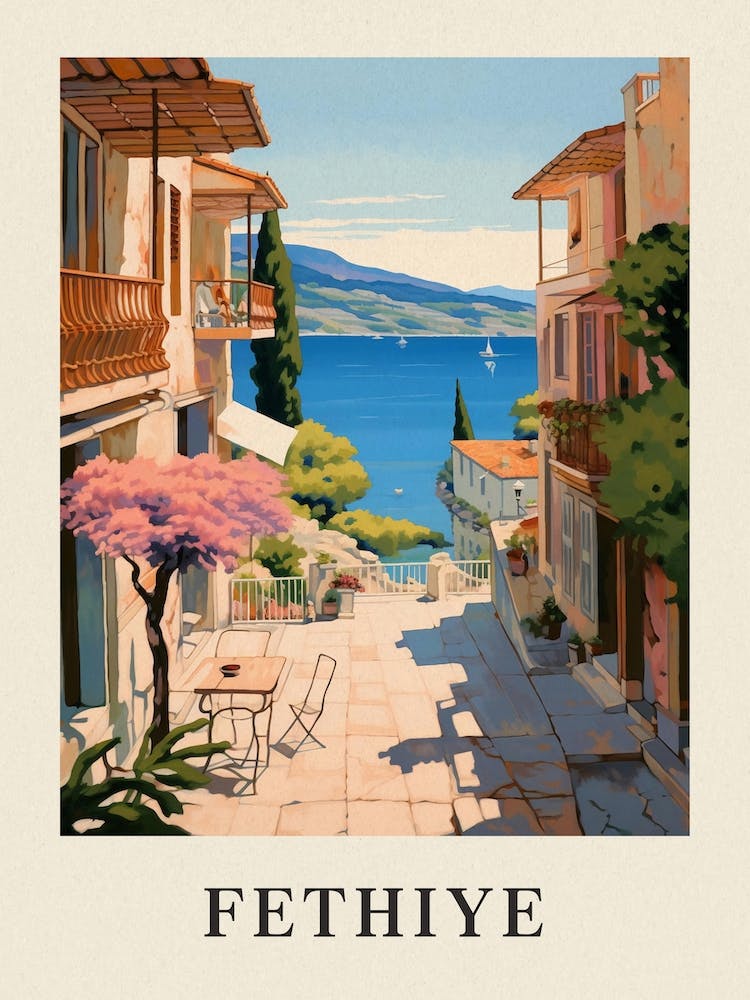 Fethiye Turkey 3 Vintage Pink Travel Illustration Poster