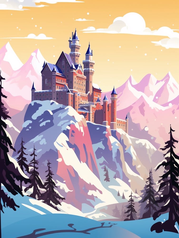 Vintage Winter Travel Illustration Schloss Neuschwanstein Germany 4