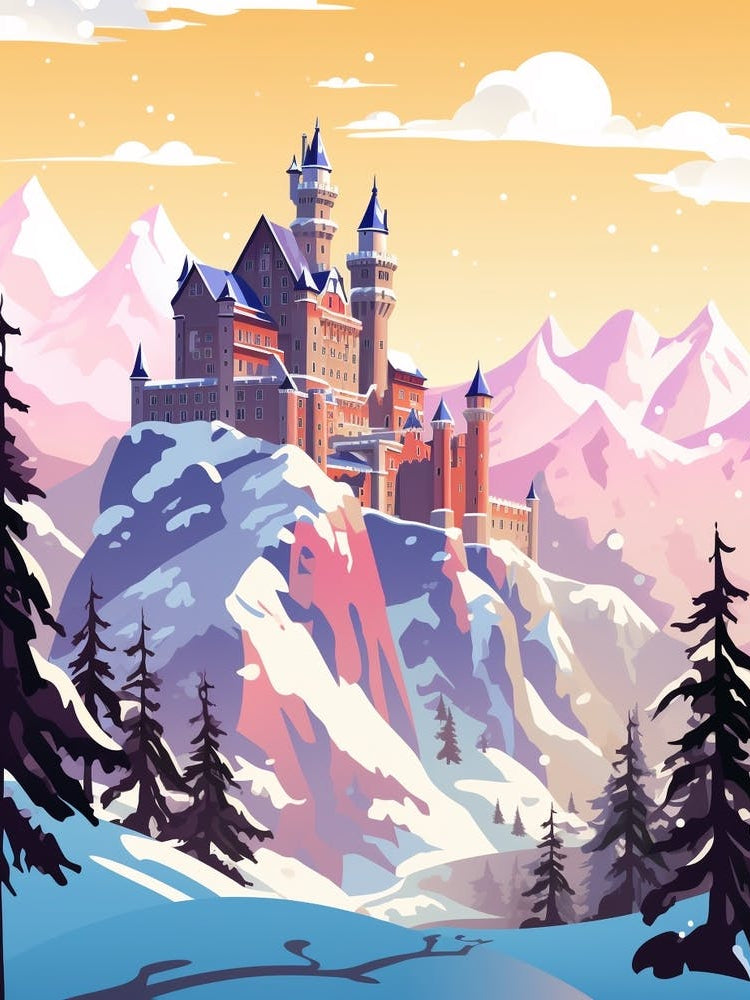 Vintage Winter Travel Illustration Schloss Neuschwanstein Germany 4