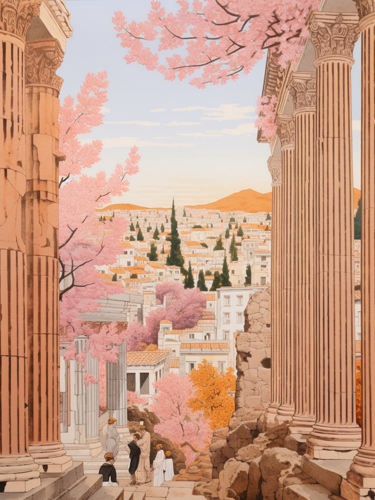 Athens Greece 4 Vintage Pink Travel Illustration