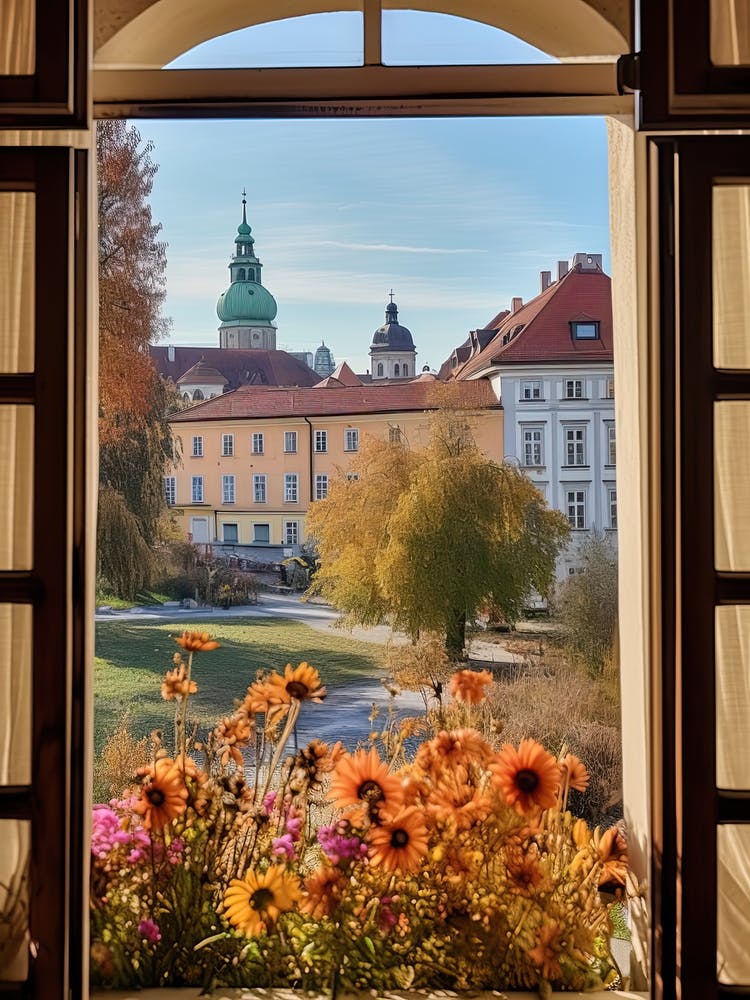 Window View Of Ljubljana Slovenia In Autumn Fall, Watercolour 2