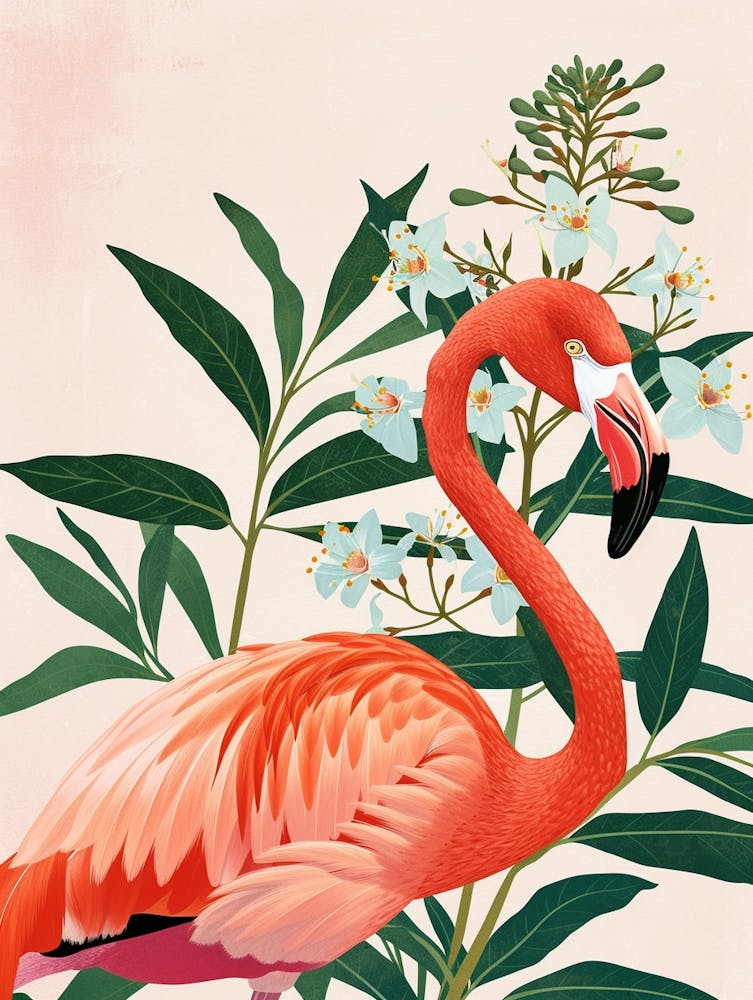 American Flamingo And Oleander Minimalist Illustration 1