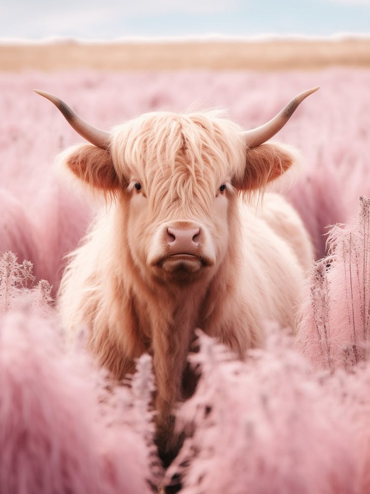 Highland-Rind auf Feld mit langem pinkem Gras 1