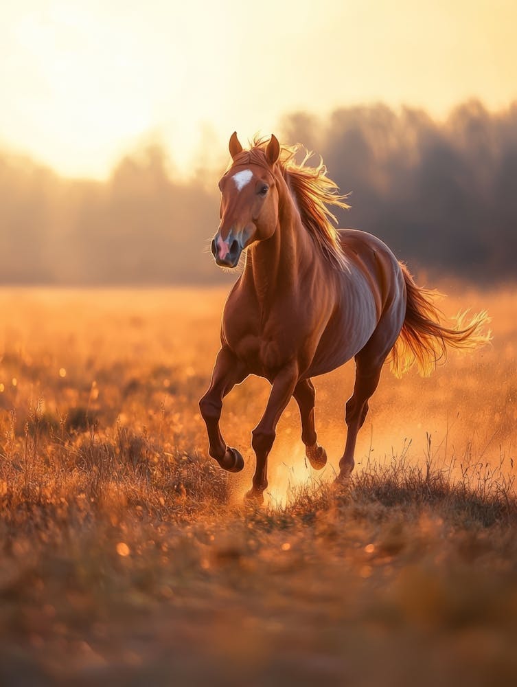 Pferd im Galopp auf dem Feld bei Sonnenuntergang. KI-generiert.
