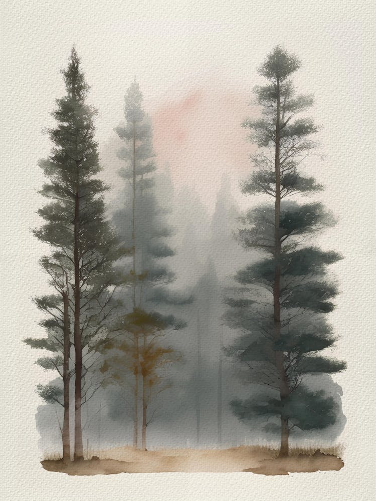 Watercolor Pine Trees, Mountain