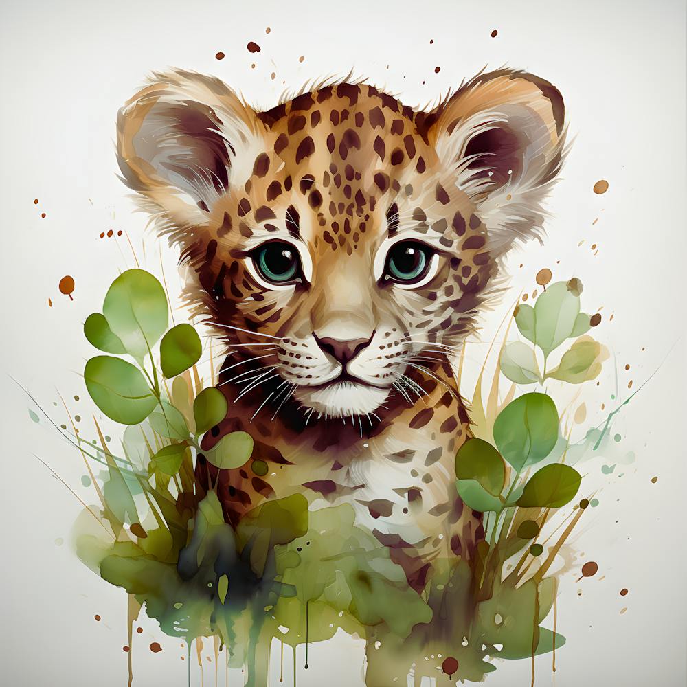 Whimsical Cub Watercolor Leopard Tiger
