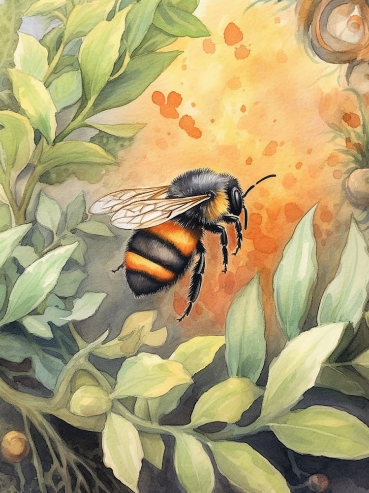 Orange Belted Bumble Bee Beehive Watercolour Illustration 2