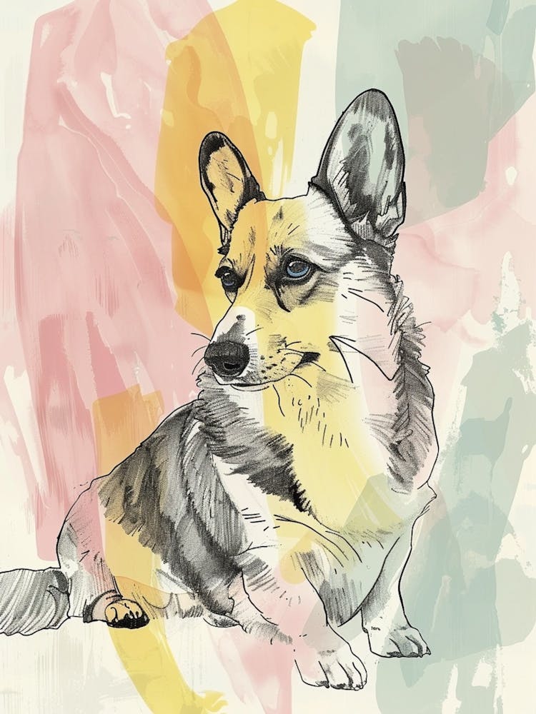 Chien Corgi Illustration Aquarelle Lignes Pastel 4