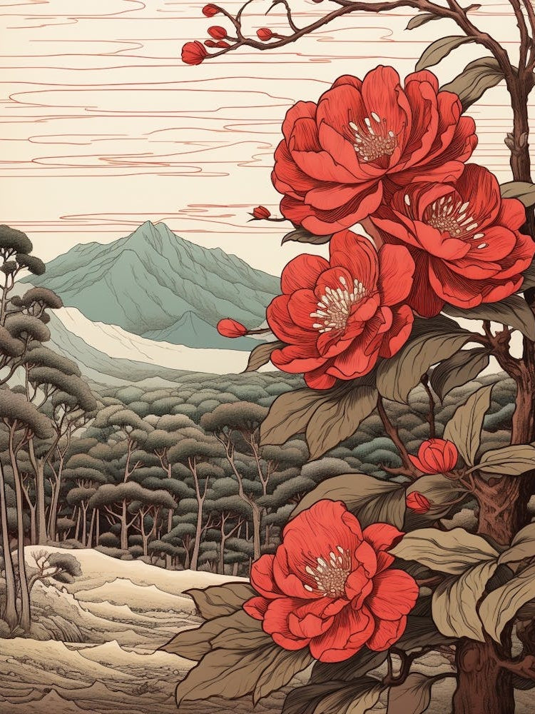 Higanatsu Red Camellia 3 Japanese Botanical Illustration