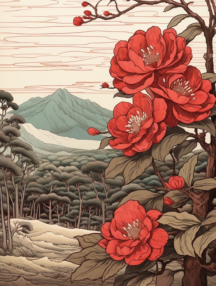 Higanatsu Red Camellia 3 Japanese Botanical Illustration