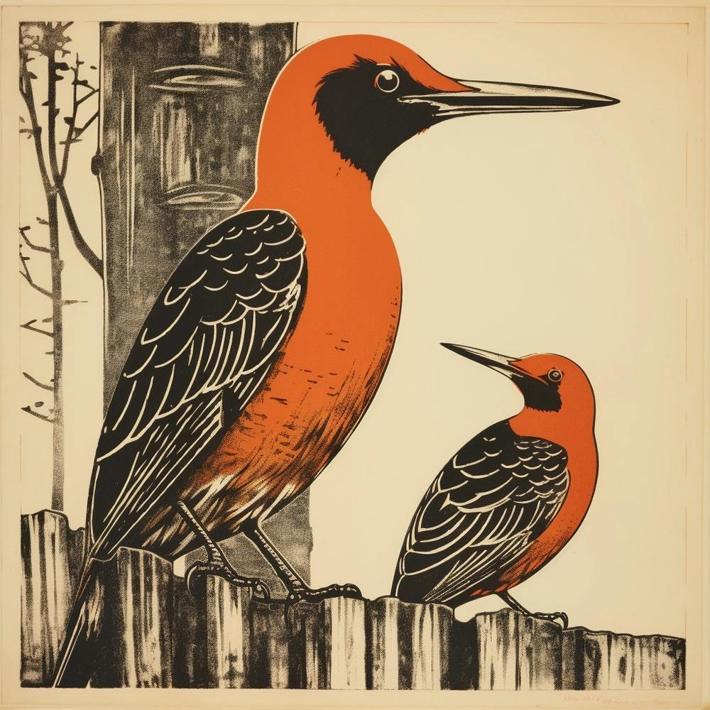 Retro Bird Lithograph Woodpecker 4