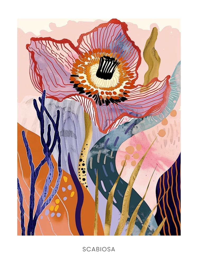 Colourful Flower Illustration Poster Scabiosa 2