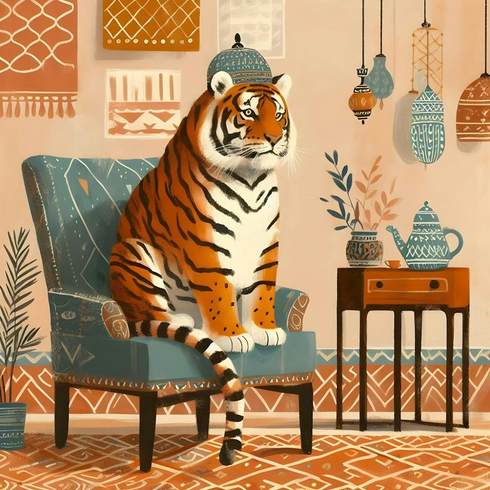 Tiger Sitting on Sofa in a Moroccan Living Room