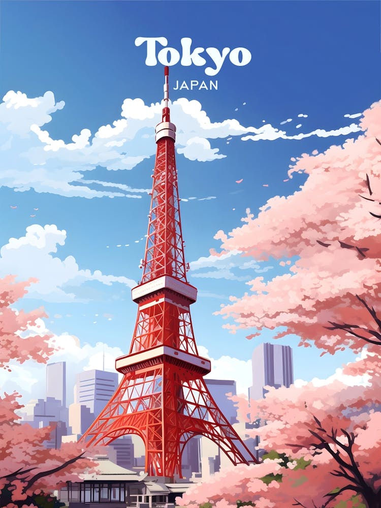Tokyo Japan Spring Time Modern Travel Illustration