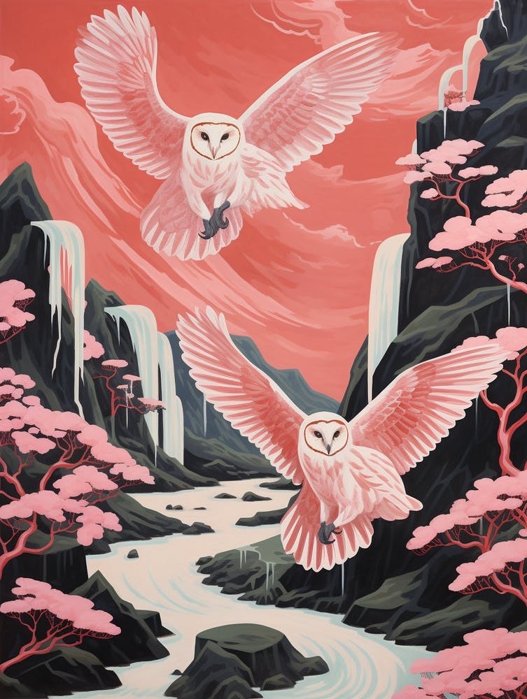 Impression d'Oiseau d'Inspiration Japonaise Vintage Chouette Effraie 3