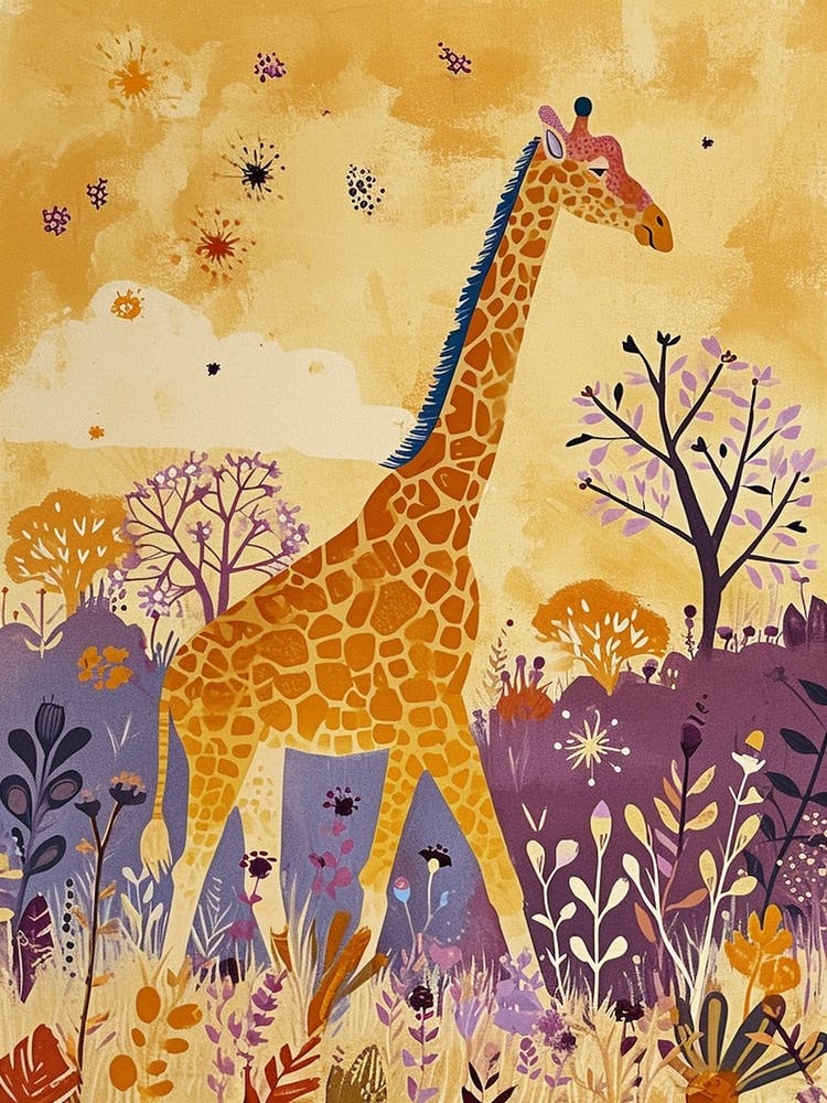 Cute Giraffe In The Leaves Watercolour Style Illustration 1