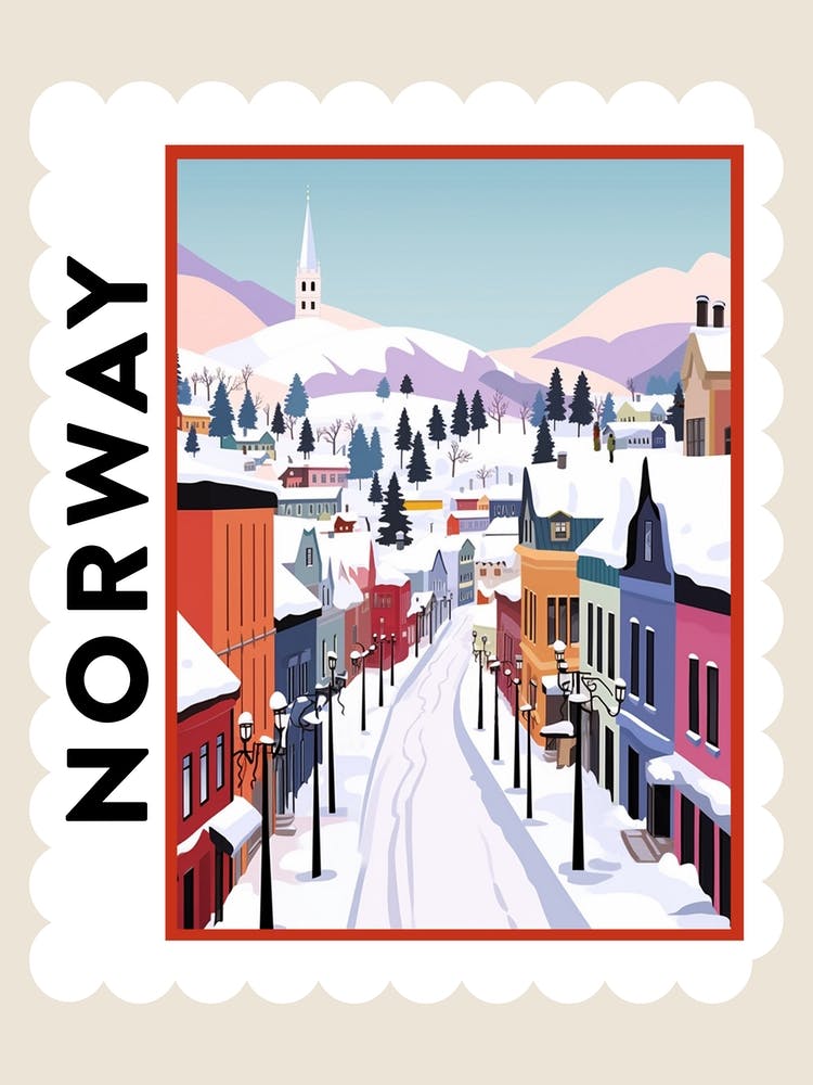 Retro Winter Stamp Poster Bergen Norway 1