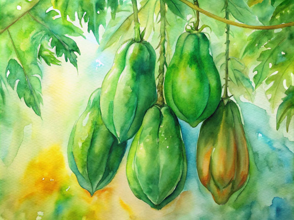 3 Bright Green Papayas Hanging From The Tree