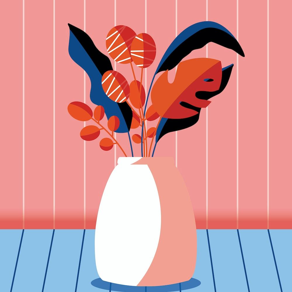 Vase With Decorative Florals On Light Pink And Blue Background