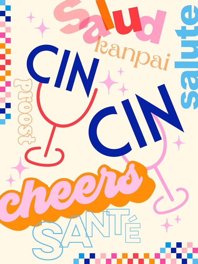 Happy Hours - retro Typographic  Cheers Celebrate in all languages with colourful checks