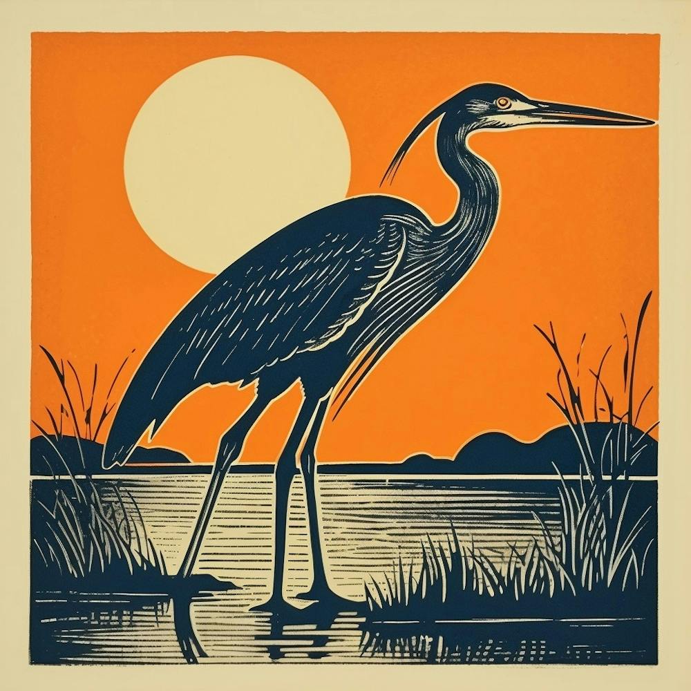 Retro Bird Lithograph Great Blue Heron 4
