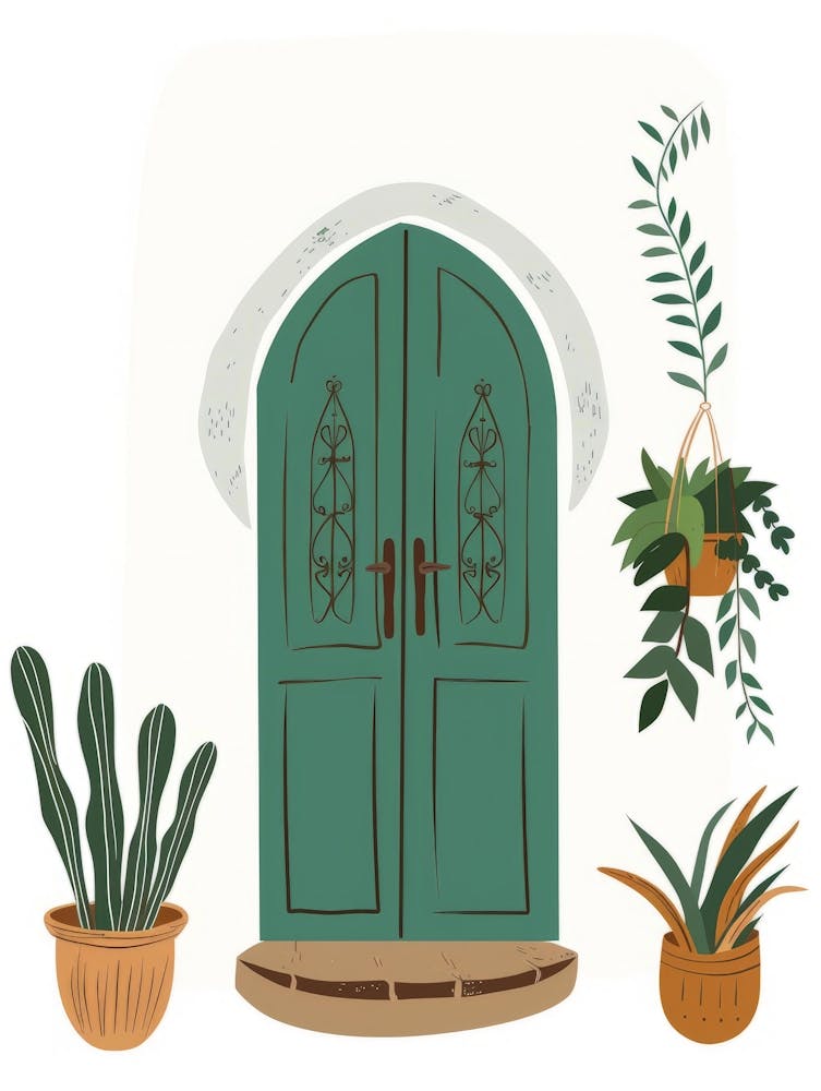 Green Door With Potted Plants 4