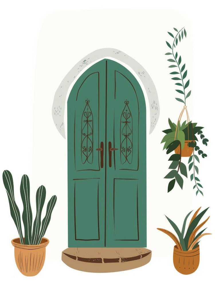 Green Door With Potted Plants 4