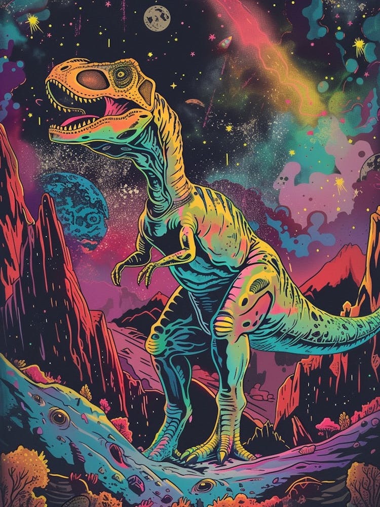 Neon Dinosaur Space Illustration 1