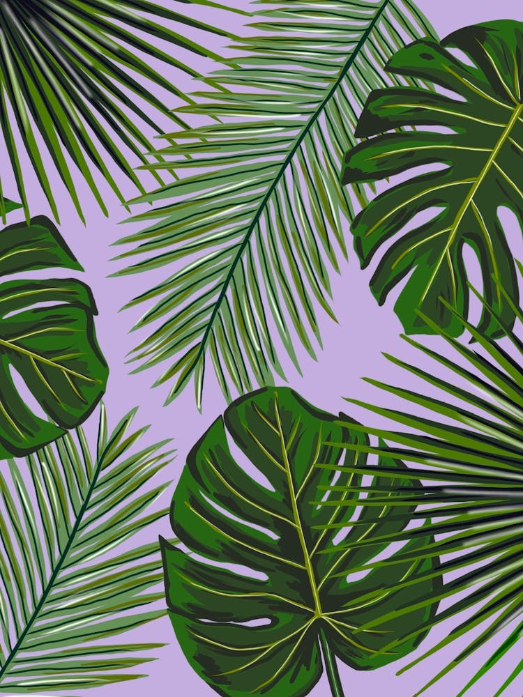 Tropical Leaves Monstera and Palm on Purple