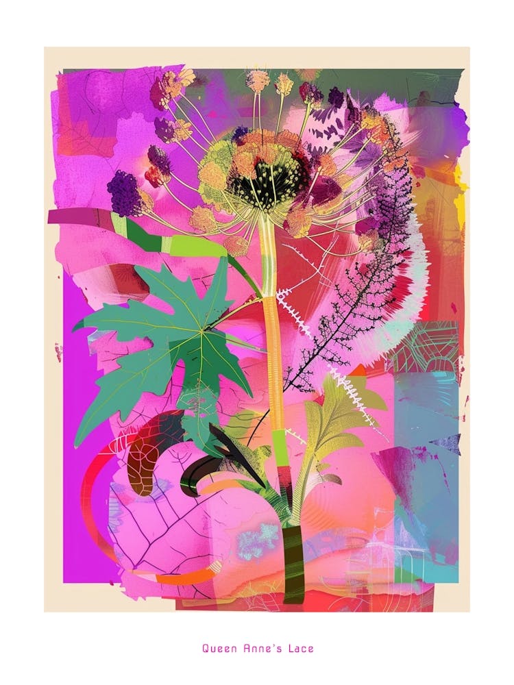 Queen Anne S Lace 1 Neon Flower Collage Poster