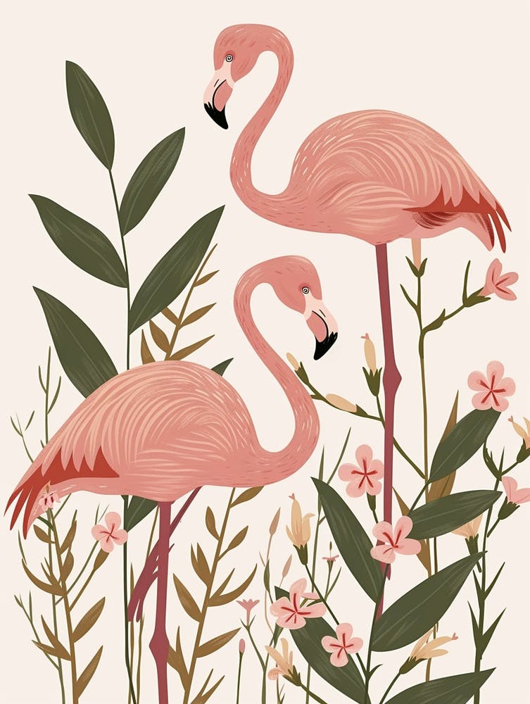 Lesser Flamingo And Oleander Minimalist Illustration 3