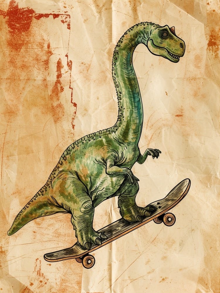Vintage Brachiosaurus Dinosaur On A Skateboard 1