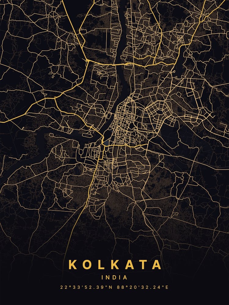 Kolkata India Black And Gold Map