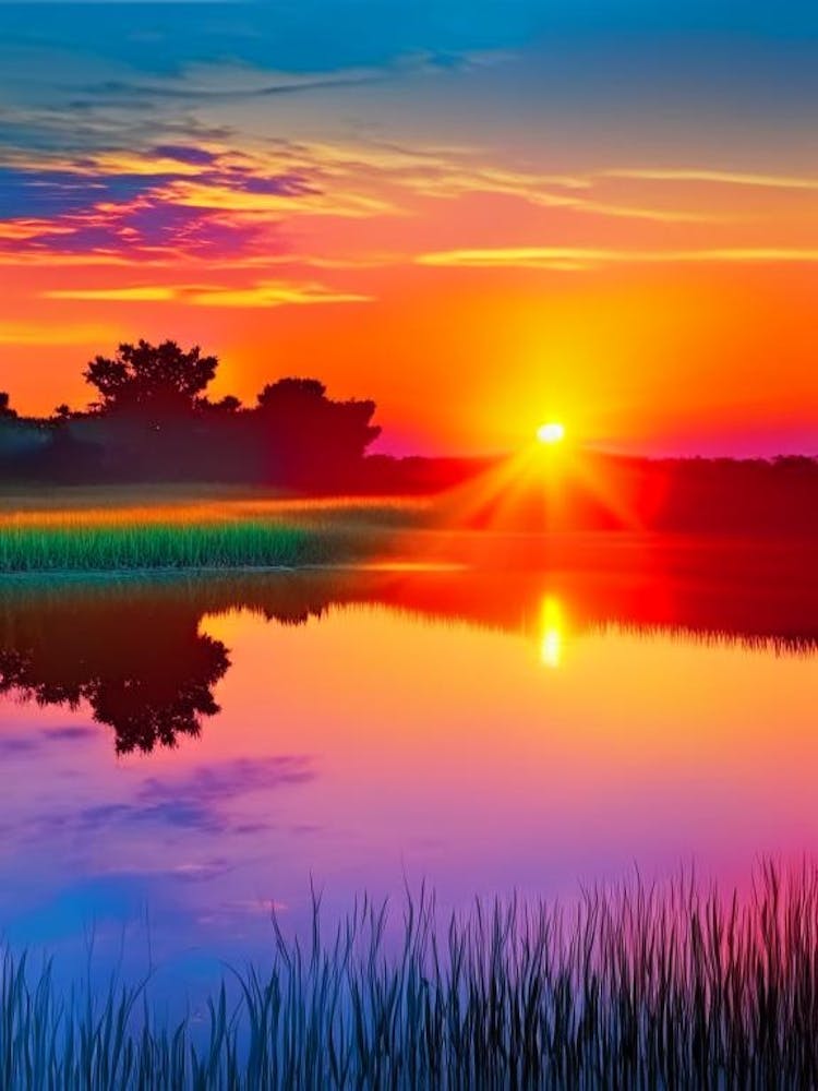 Sunrise Over Pond Waterscape Pop Art Photography 1