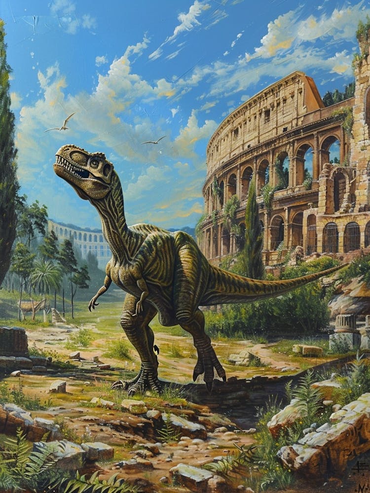 T Rex By The Colosseum Painting