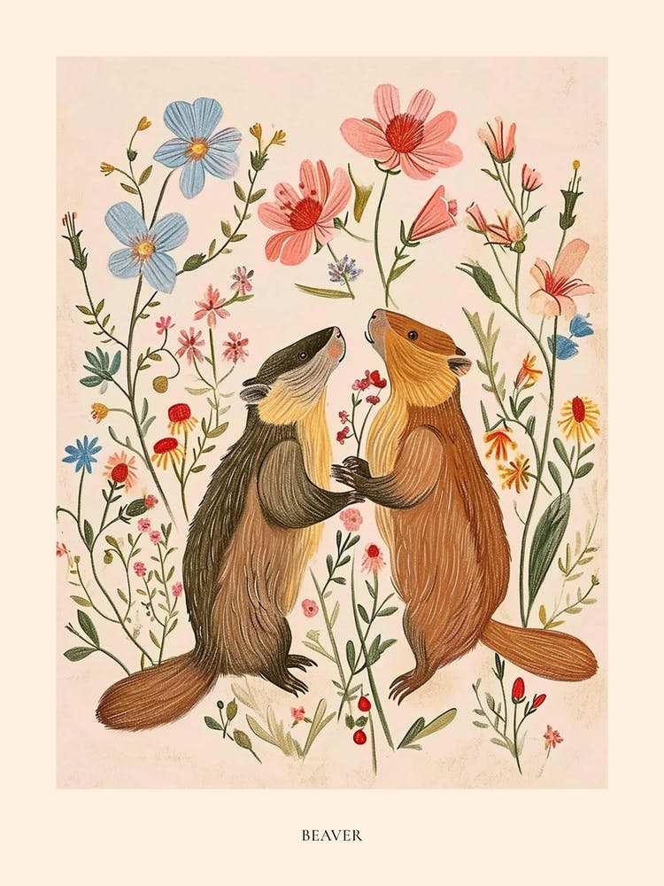Folksy Floral Animal Drawing Beaver 5 Poster