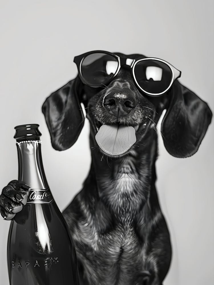 Dachshund Holding Champagne Wall Art, Black And White Print, Dachshund Gift, Pet Art, Alcohol Print, Funny Dog Poster, Home Bar Decor
